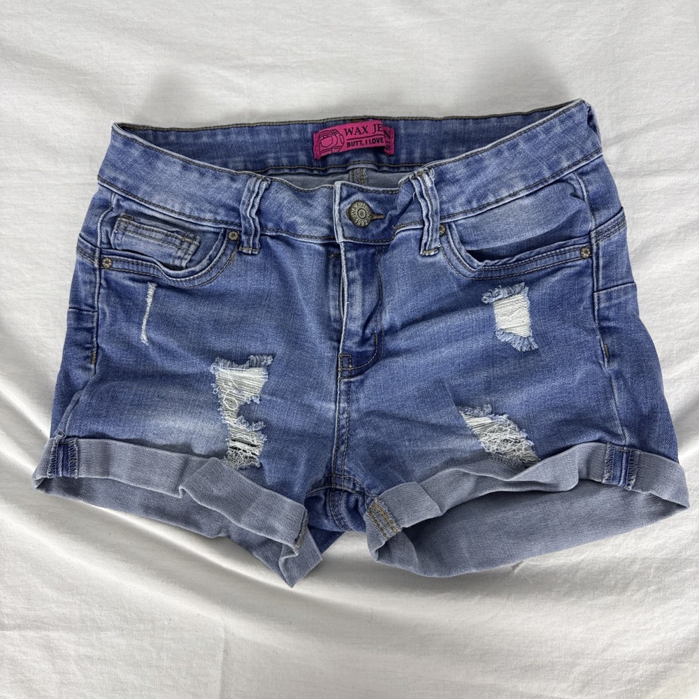 Wax Jean Shorts Womens S Blue Butt, I Love You Hot Pants Cuffed Stretch Denim